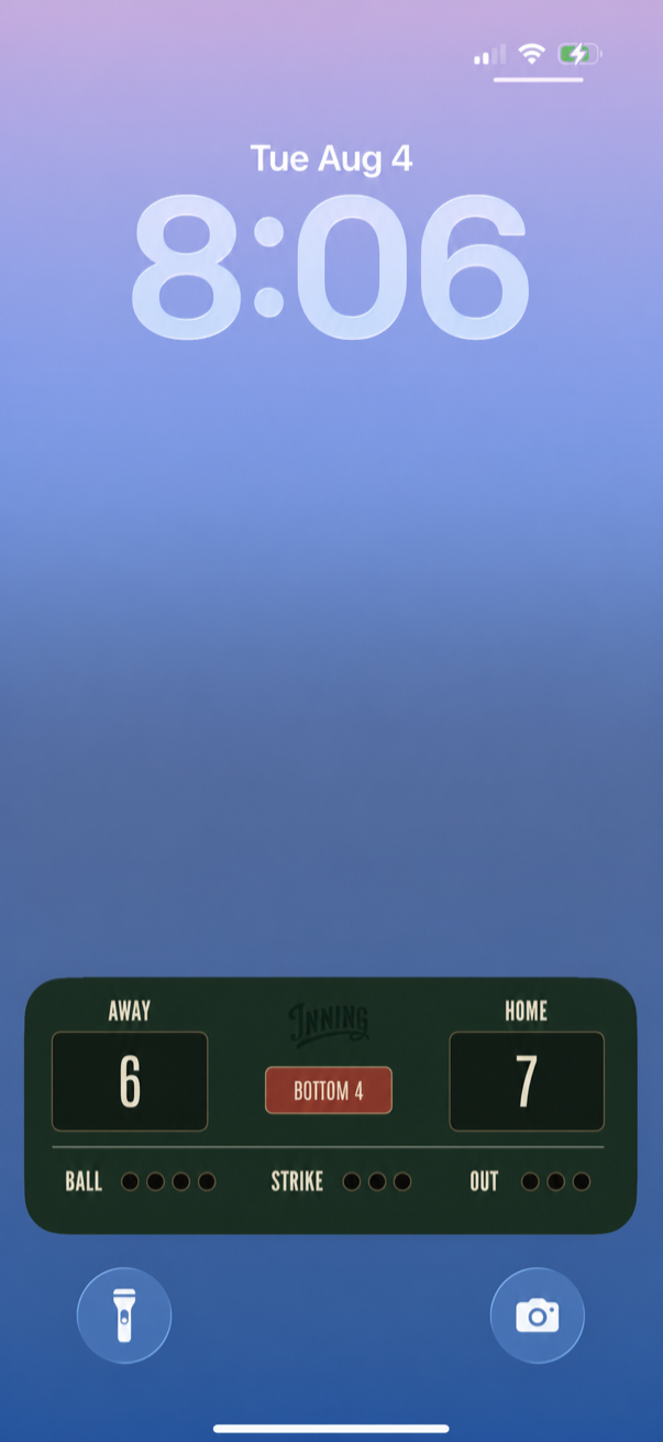 Inning Live Activity showing the current score on the Lock Screen
